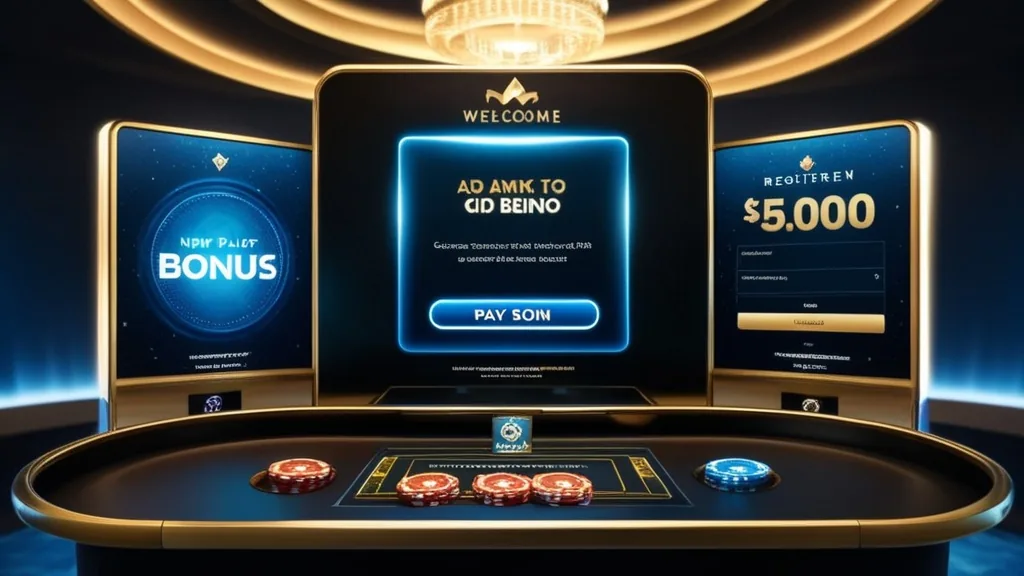 Mesa de boas-vindas de casino com ecrã de bónus para novo jogador