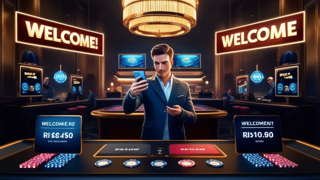 Jogador a validar um código promocional num ambiente de casino escuro