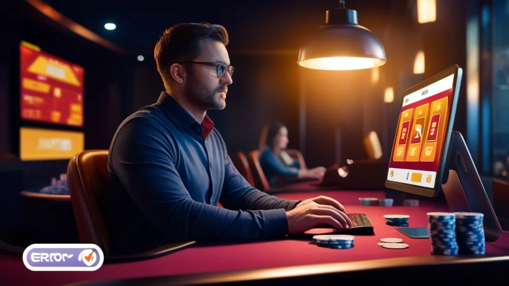 Jogador a verificar erros num código promocional em ambiente de casino
