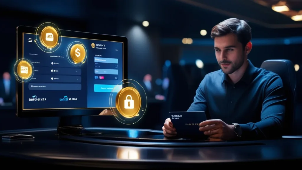 Mesa de casino com opções de pagamento, cartão e carteira digital em ambiente escuro