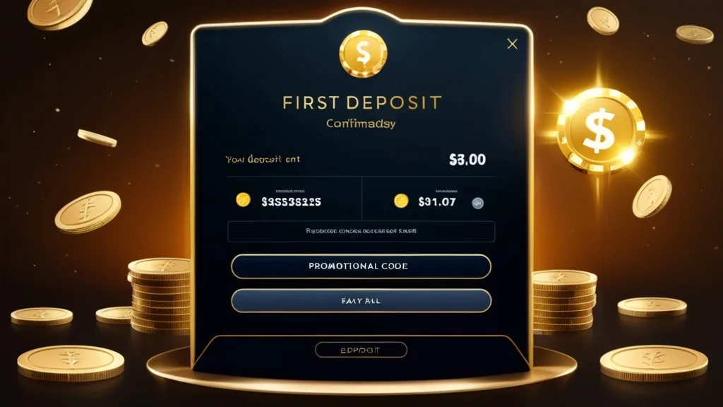 Ecrã de primeiro depósito com código promocional num ambiente de casino