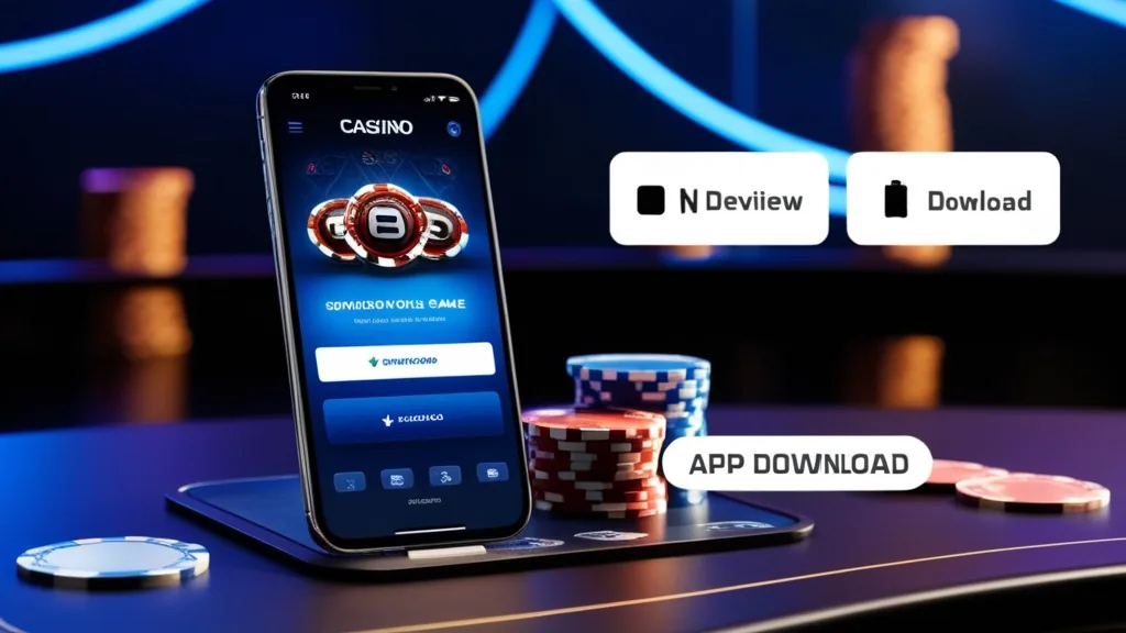 Telemóvel com ecrã de download da app num ambiente de casino escuro
