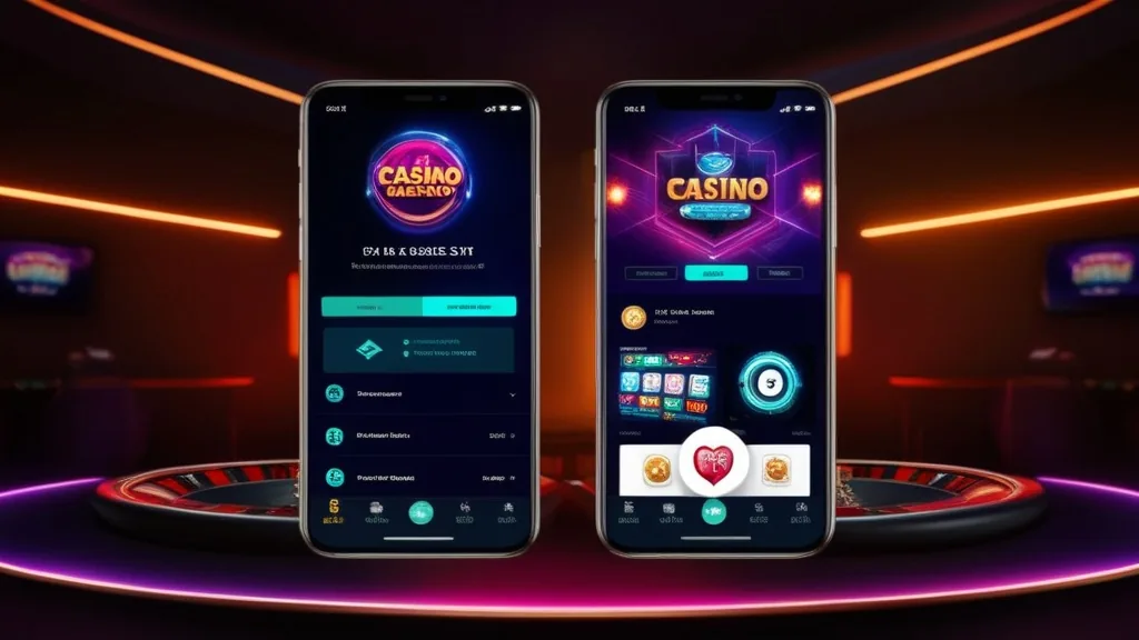 Interface de app de casino com navegação clara num ambiente escuro