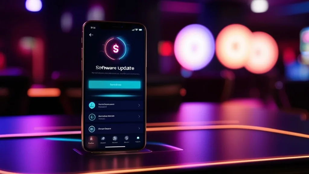 Telemóvel com ecrã de atualização da app em cenário de casino