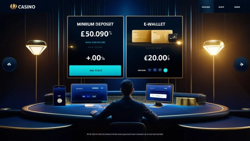 Interface de depósito mínimo com saldo, cartão e ícones de pagamento em ambiente de casino
